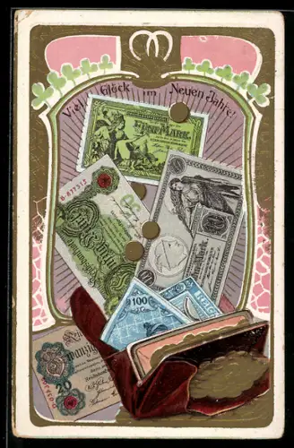 Präge-AK Diverse Reichsmark-Scheine neben einer Brieftasche