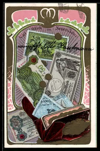 AK Geldbörse mit Geldscheinen und Geldstücken, Neujahr
