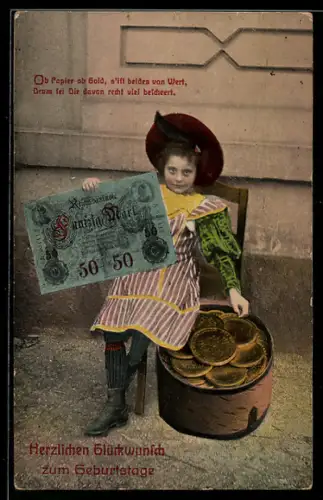 AK Kind mit grossem Fünfzig Reichsmark-Schein und Topf voller Münzen