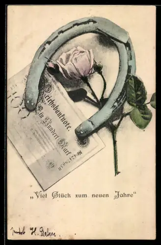 AK Einhundert Reichsmark-Schein mit Hufeisen und Rose