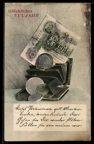 AK Fünfzig Reichsmark-Schein in einer Brieftasche mit Münzen