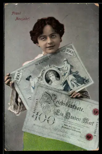 Künstler-AK Hübsche Dame mit einer Ein Hundert Mark Reichsbanknote, Geld