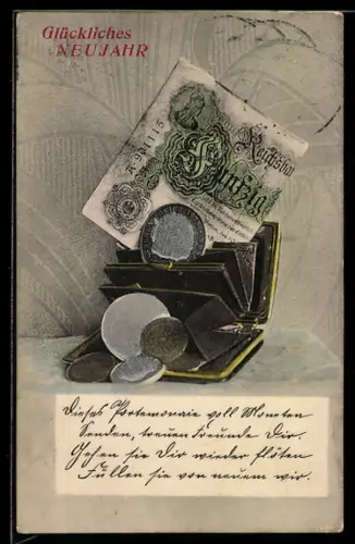 AK Fünfzig Reichsmark-Schein in einer Brieftasche mit Münzen