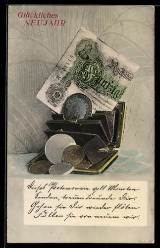 AK Fünfzig Reichsmark-Schein in einer Brieftasche mit Münzen