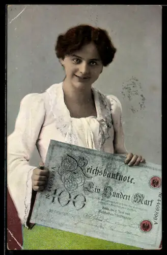 AK Frau mit grossem Einhundert Reichsmark-Schein