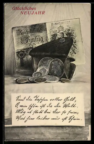 AK Fünfzig Reichsmark-Schein hinter einer Brieftasche mit Münzen