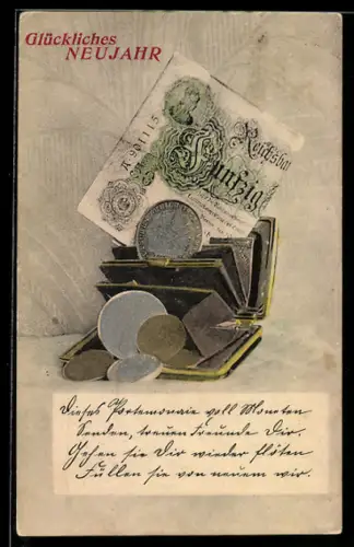 AK Fünfzig Reichsmark-Schein in einer Brieftasche mit Münzen