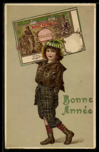 AK Kind mit einem belgischen Geldschein auf der Schulter