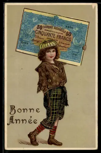 AK Junge mit einem Geldschein auf der Schulter