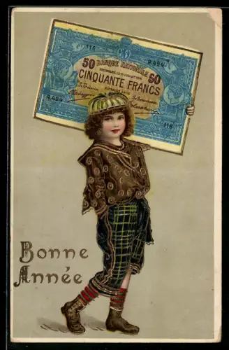 AK Junge mit einem Geldschein auf der Schulter