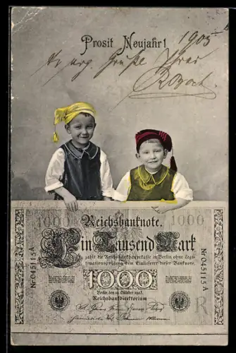 AK Lächelnde Kinder mit grossem Eintausend Reichsmark-Schein