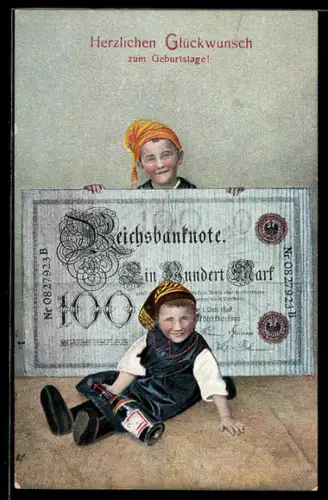 AK Zwei Jungs mit 100 Mark Banknote überbringen Glückwünsche