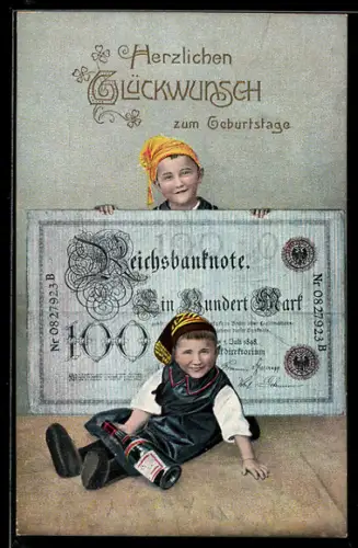 AK Zwei Jungs mit 100 Mark Banknote überbringen Glückwünsche