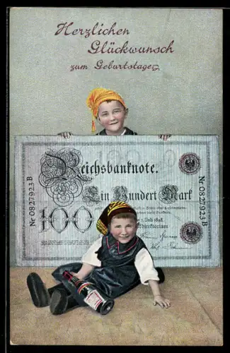 AK Zwei Jungs mit 100 Mark Banknote überbringen Glückwünsche