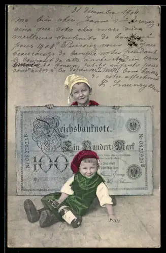 AK Lächelnde Kinder mit grossem Einhundert Reichsmark-Schein