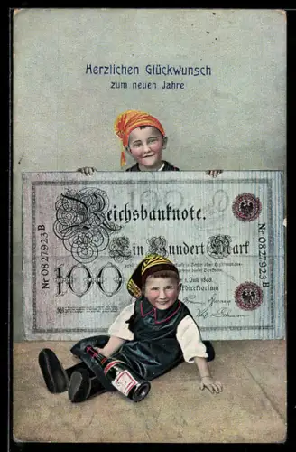 AK Zwei Jungs mit 100 Mark Banknote überbringen Glückwünsche