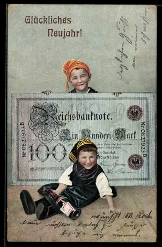 AK Zwei Jungs mit 100 Mark Banknote überbringen Glückwünsche