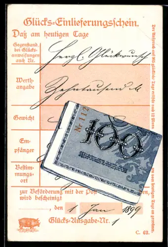 AK Einhundert Reichsmark-Schein auf einem Glücks-Einlieferungsschein