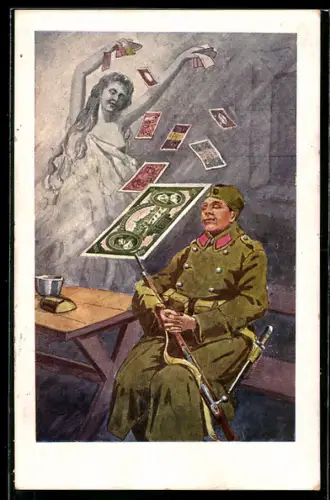 AK Soldat träumt von Frau mit Geldscheinen