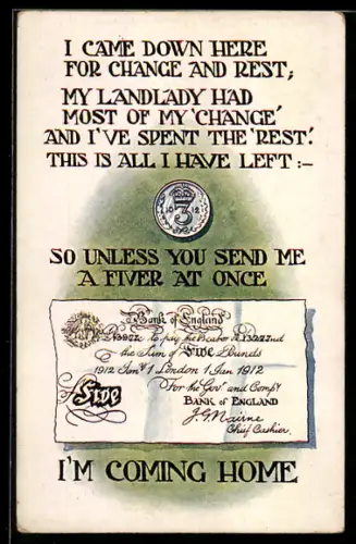 Künstler-AK Eastbourne, Geldnote Five Pounds, I came down here for change and rest, my landlady had most of my...