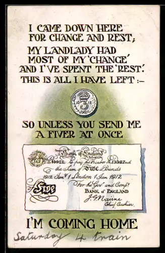 Künstler-AK sign. Eastbourne: Geldnote Five Pounds, I came down here for change and rest, my landlady had most of my..