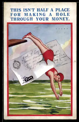 AK Frau im Schwimmanzug springt durch einen Schein der Bank of England