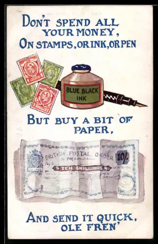 AK Zehn britische Shilling-Schein unter Tintenfass und Füller