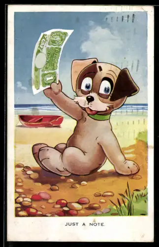 AK Hund am Strand mit einem Ein Pfund Sterling-Schein
