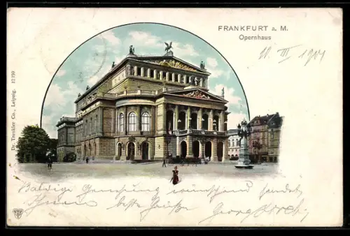 Lithographie Frankfurt a. M., Opernhaus mit Denkmal