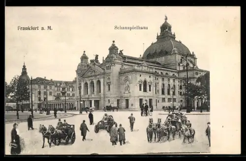 AK Frankfurt a. M., Schauspielhaus mit Vorplatz, Kutschen, Auto