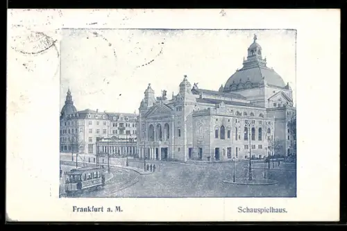 Lithographie Frankfurt a. M., Schauspielhaus mit Strassenbahn aus der Vogelschau