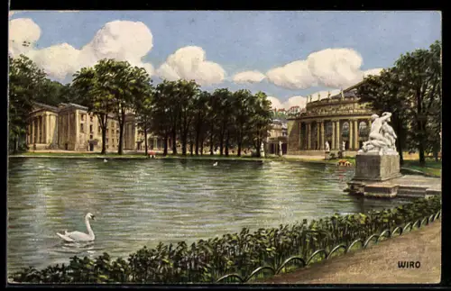 Künstler-AK Stuttgart, Königliches Hoftheater, grosses und kleines Haus, Park mit Teich und Skulptur