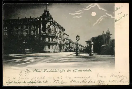 AK Karlsruhe, Karl-Friedrichstrasse im Mondschein