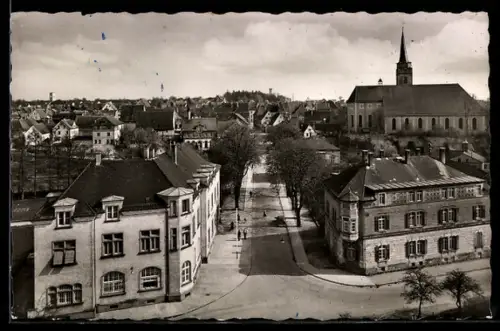 AK Ehingen /Donau, Bahnhofstrass mit Kirche aus der Vogelschau