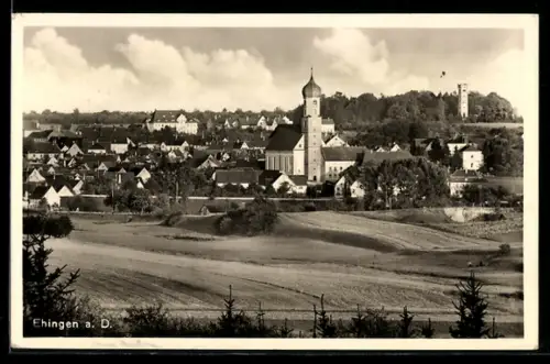 AK Ehingen a. D., Ortsansicht mit Kirche und Aussichtsturm aus der Vogelschau