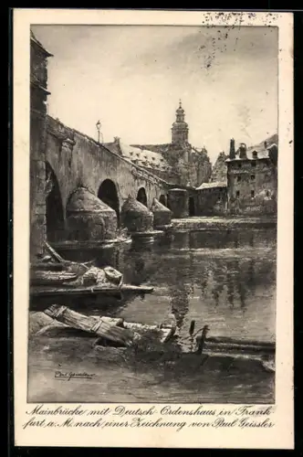 Künstler-AK Frankfurt a. M., Mainbrücke, Deutsch Ordenshaus