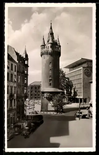 AK Frankfurt am Main, Eschenheimer Turm und Bayer-Haus aus der Vogelschau