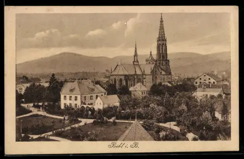 AK Bühl i. B., Stadtansicht mit Kirche und Park
