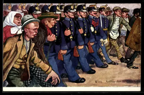 Künstler-AK Carl Josef: Wien, Aufzug der Burgwache, Passanten laufen neben den marschierenden Soldaten her