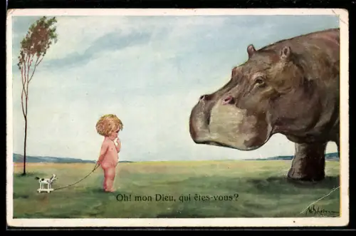 Künstler-AK Willi Scheuermann: Wer bist denn du, Kleines Kind mit Spielzeug sieht ein Nilpferd