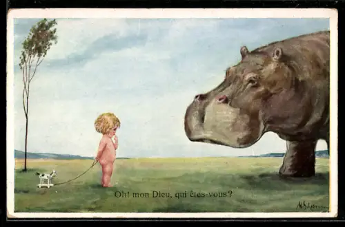 Künstler-AK Willi Scheuermann: Wer bist denn du, Kleines Kind mit Spielzeug sieht ein Nilpferd