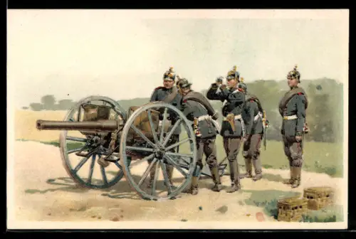 Lithographie Feldartillerie in Stellung, Kanoniere mit Pickelhaube