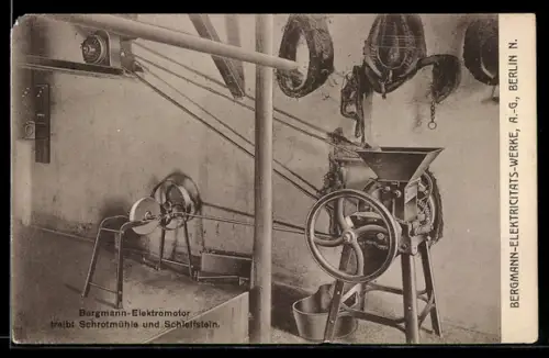 AK Bergmann-Elekticitaets-Werke Berlin, Elektromotor treibt Schrotmühle und Schleifstein