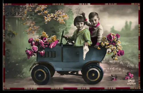 AK Kinder in Tretauto, Glückwunsch zum Geburtstag