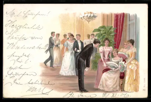 Lithographie Mann spricht mit einer Frau mit Fächer