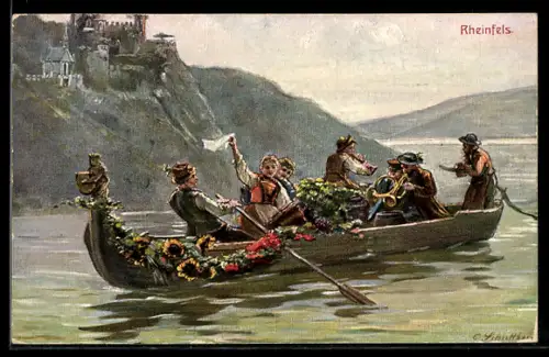 Künstler-AK Theo Stroefer Nr.2: Rheinfels, geschmücktes Ruderboot passiert eine Burgruine, Musikanten spielen auf
