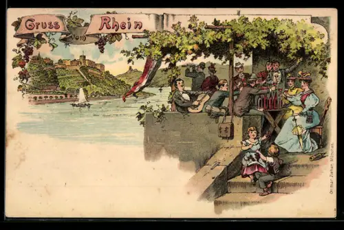 Lithographie Drachenfels, Ortsansicht mit Rhein und Gasthaus-Terrasse