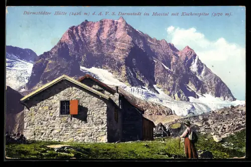 Künstler-AK Darmstädter Hütte, Wanderin blick auf die Kuchenspitze im Moostal