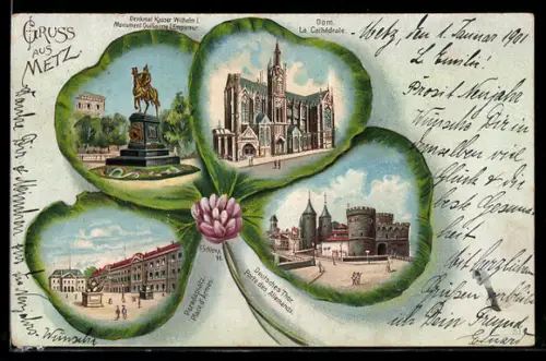 Passepartout-Lithographie Metz, Paradeplatz, Denkmal Keiser Wilhelm I., Dom, Deutsches Thor, Kleeblatt