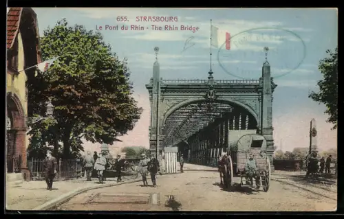 AK Strasbourg, Le Pont du Rhin, fiacre, passants